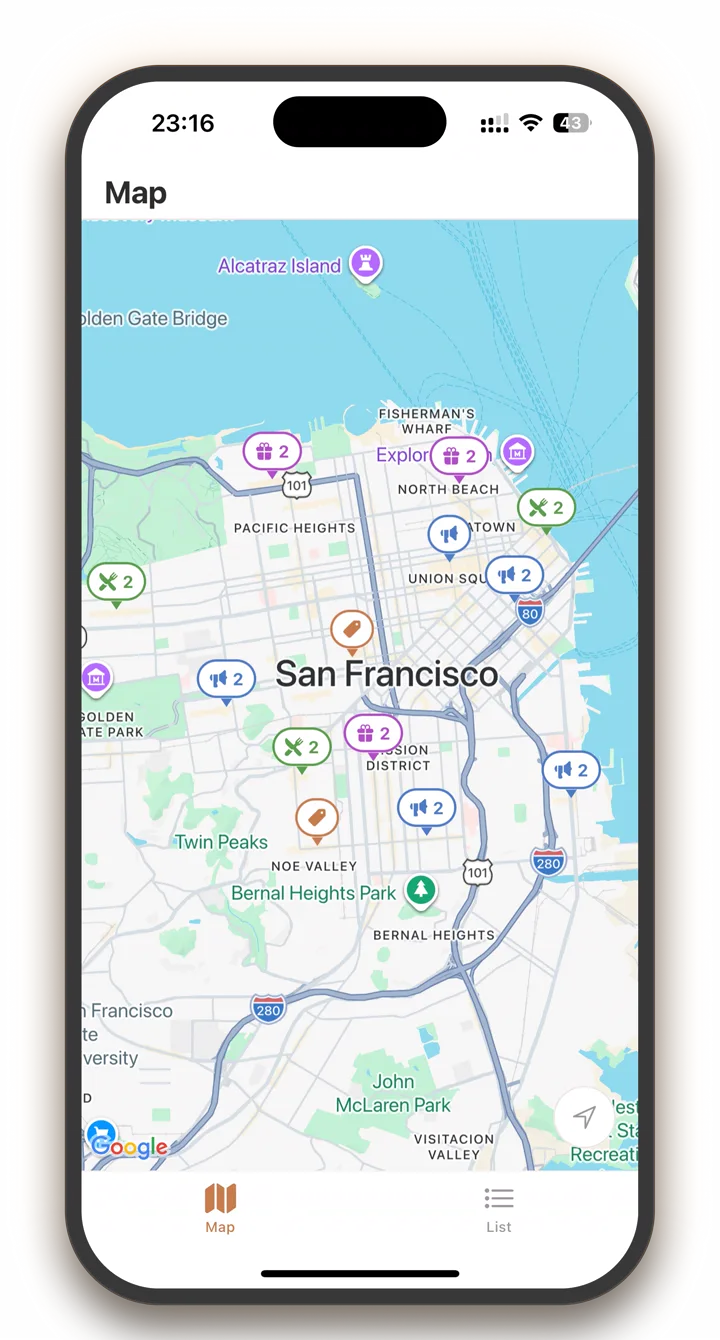 Cafedeals map of San Francisco with colour-coded deal pins