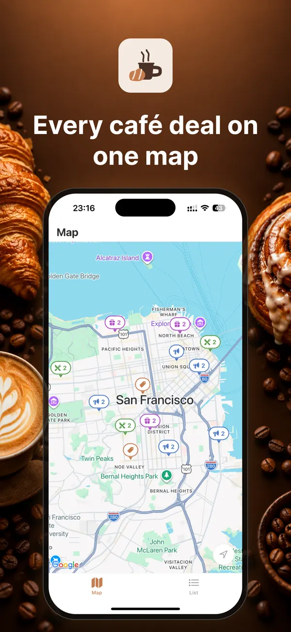 Map screen: every café deal on one map