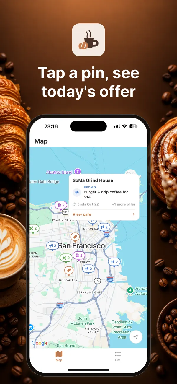 Tapping a pin shows today's offer