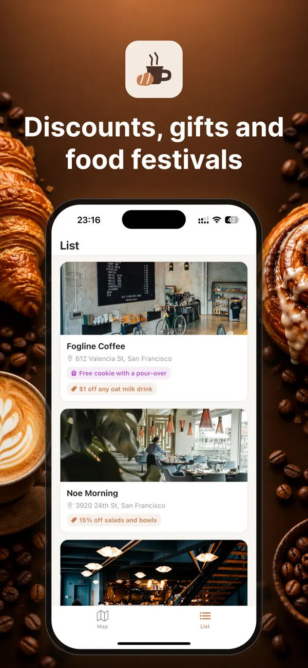 List of cafés with discounts, gifts and food festivals